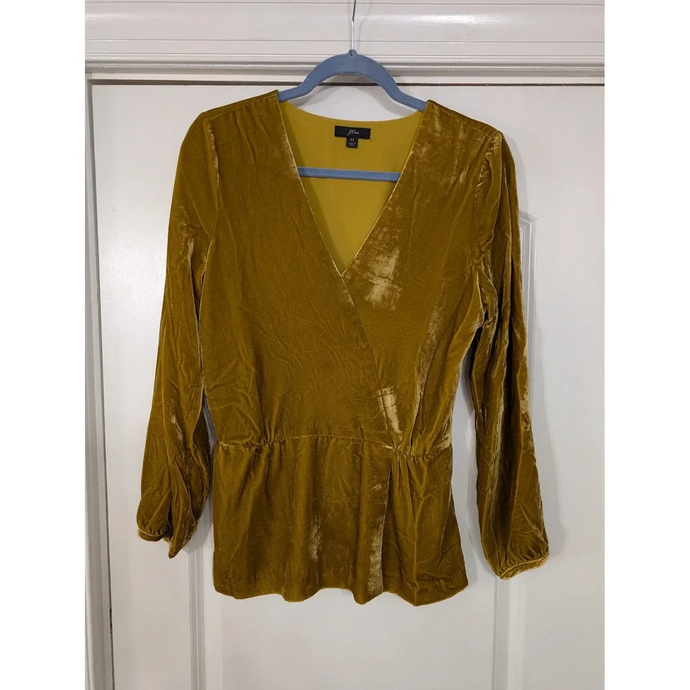 J Crew Velvet Wrap Peplum Top Mustard Yellow Long Sleeve women's 4 tall *no belt